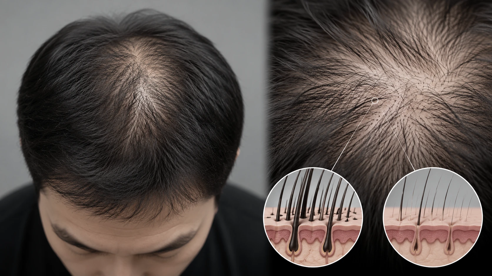 정수리 부위 모발이 가늘어지고 두피 비침이 늘어나는 모발 굵기 변화를 표현한 이미지