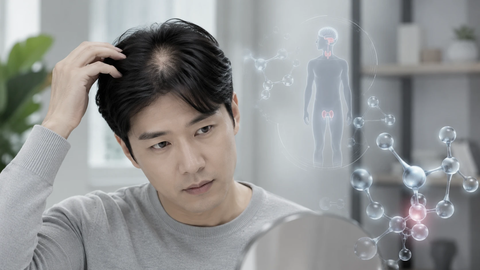 호르몬 변화가 정수리 모발 밀도 감소와 탈모 진행에 영향을 줄 수 있음을 표현한 이미지