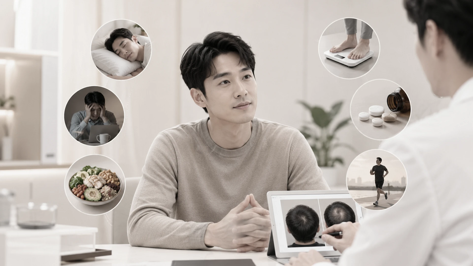 정수리탈모 확인을 위해 수면 스트레스 식습관 체중 변화 운동 복용 약물 등 생활·건강 요인을 상담하는 이미지