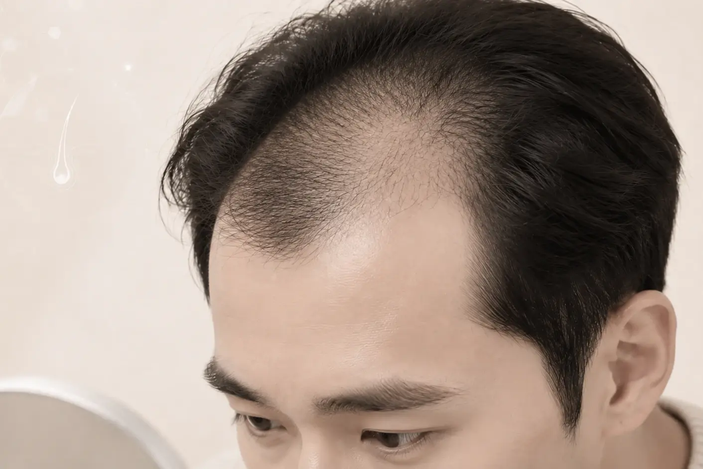 헤어라인 후퇴와 앞머리 모발 밀도 저하가 나타난 남성의 앞머리 탈모 이미지