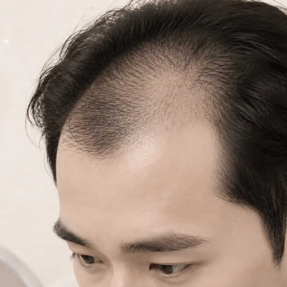 헤어라인 후퇴와 앞머리 모발 밀도 저하가 나타난 남성의 앞머리 탈모 이미지