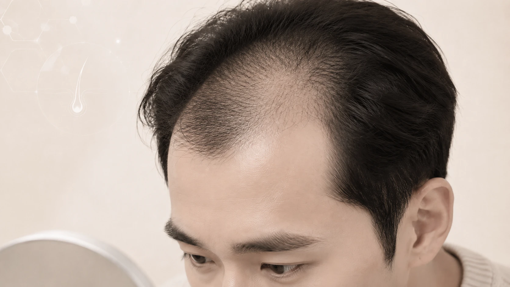 헤어라인 후퇴와 앞머리 모발 밀도 저하가 나타난 남성의 앞머리 탈모 이미지