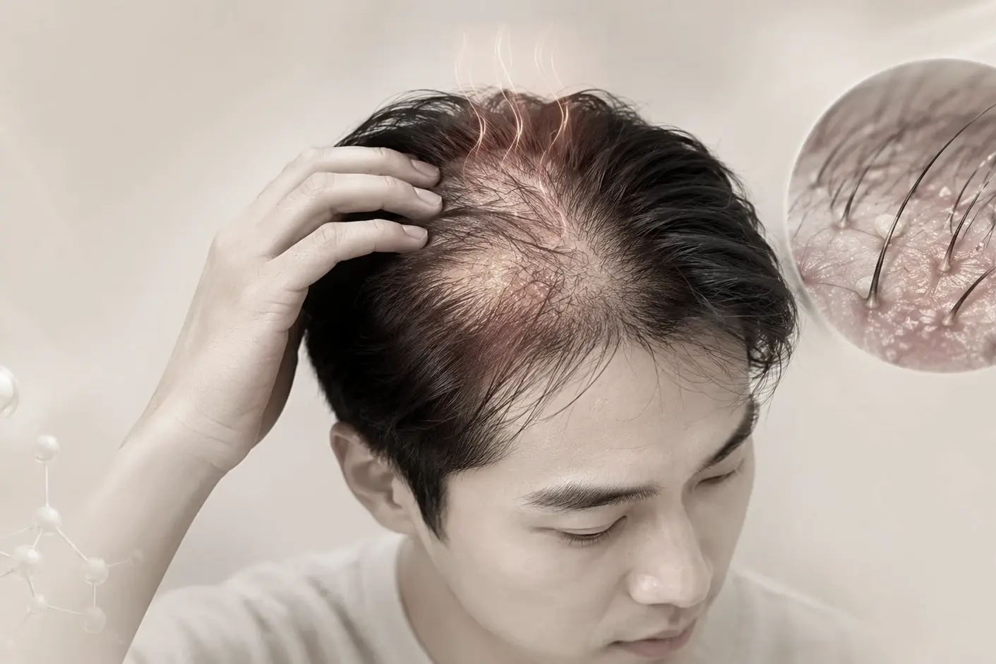 두피에 열감과 붉어짐이 나타나고 모발 빠짐이 늘어나는 열성탈모 증상을 표현한 이미지