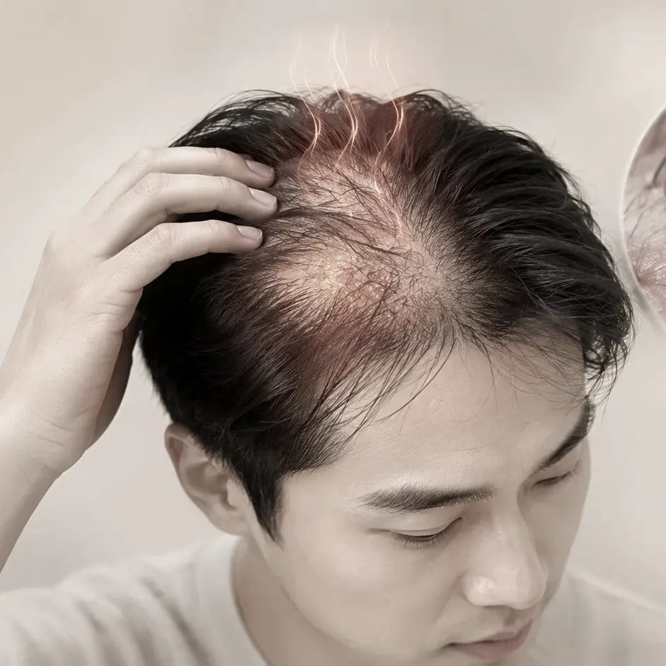 두피에 열감과 붉어짐이 나타나고 모발 빠짐이 늘어나는 열성탈모 증상을 표현한 이미지