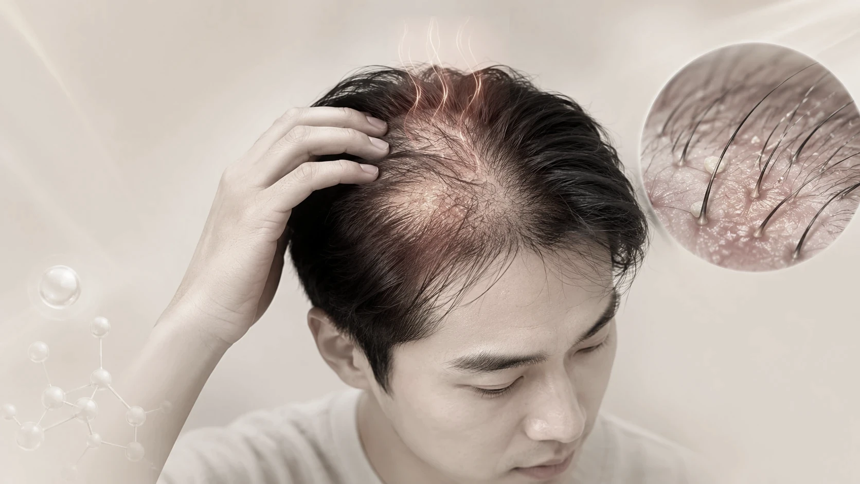 두피에 열감과 붉어짐이 나타나고 모발 빠짐이 늘어나는 열성탈모 증상을 표현한 이미지