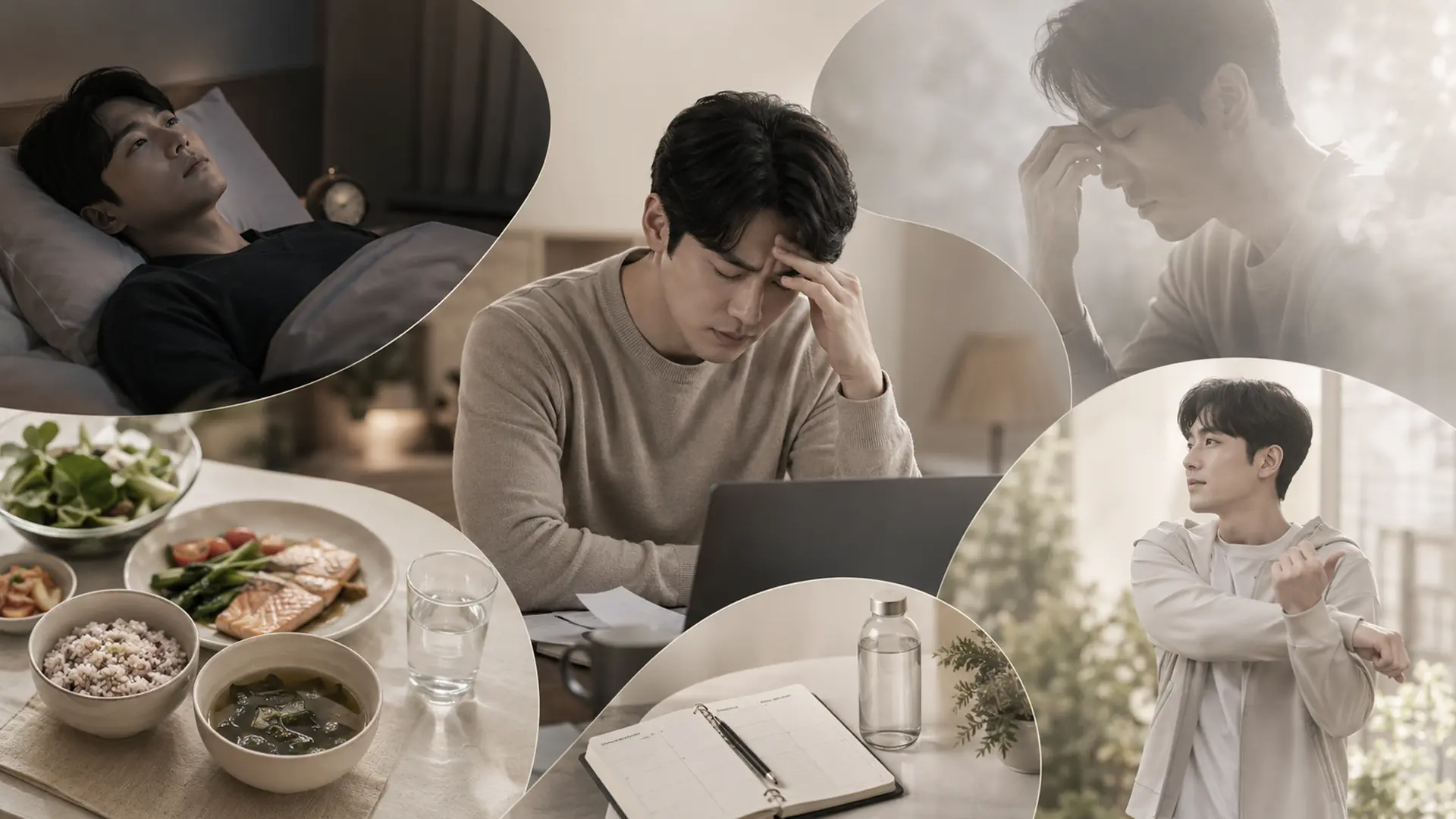 수면 스트레스 영양 균형 생활 리듬 등 스트레스성 탈모에 영향을 줄 수 있는 생활 요인을 표현한 이미지