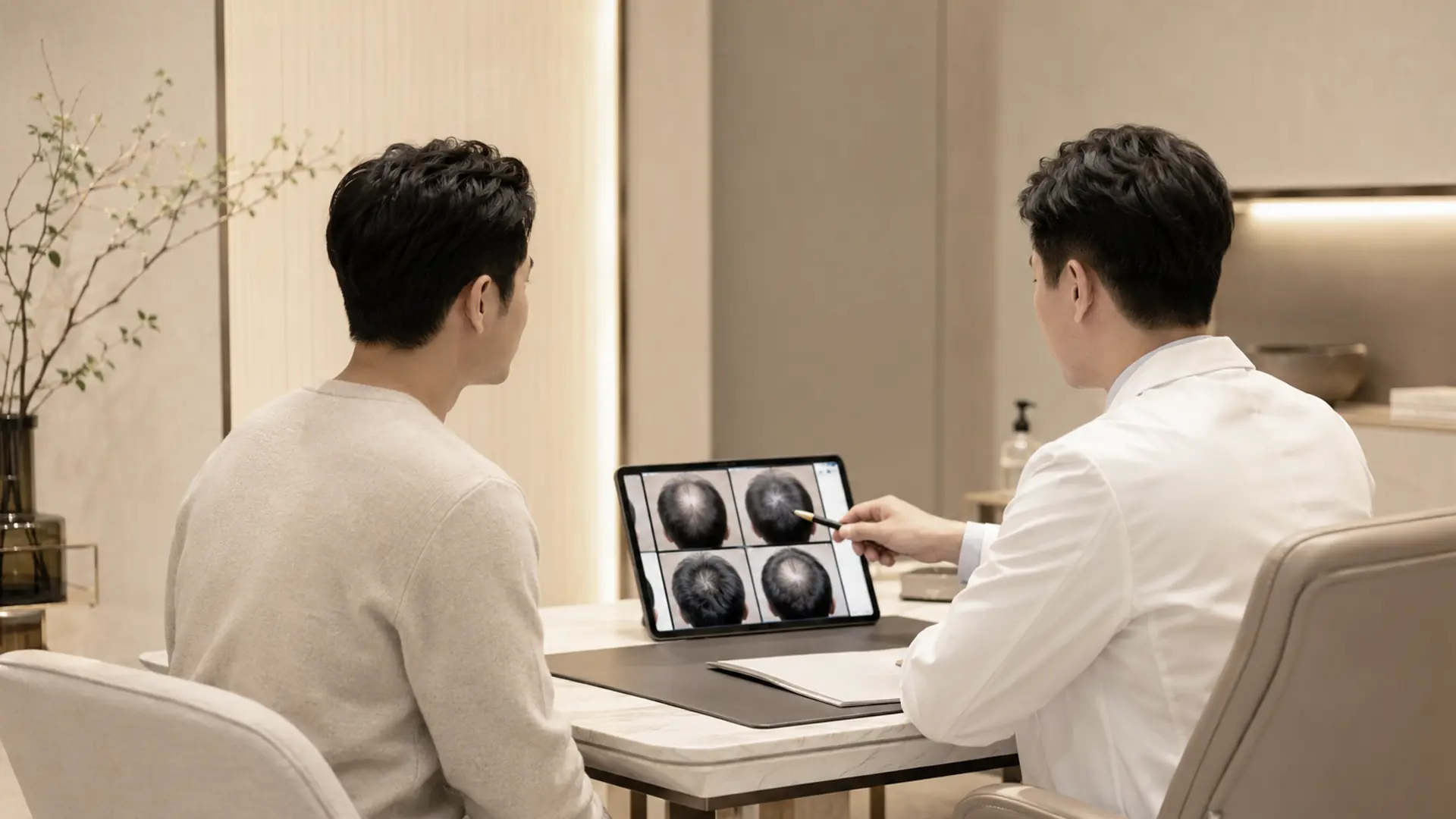 스트레스성 탈모 치료 후 모발 빠짐 변화와 회복 양상을 확인하며 상담하는 모습