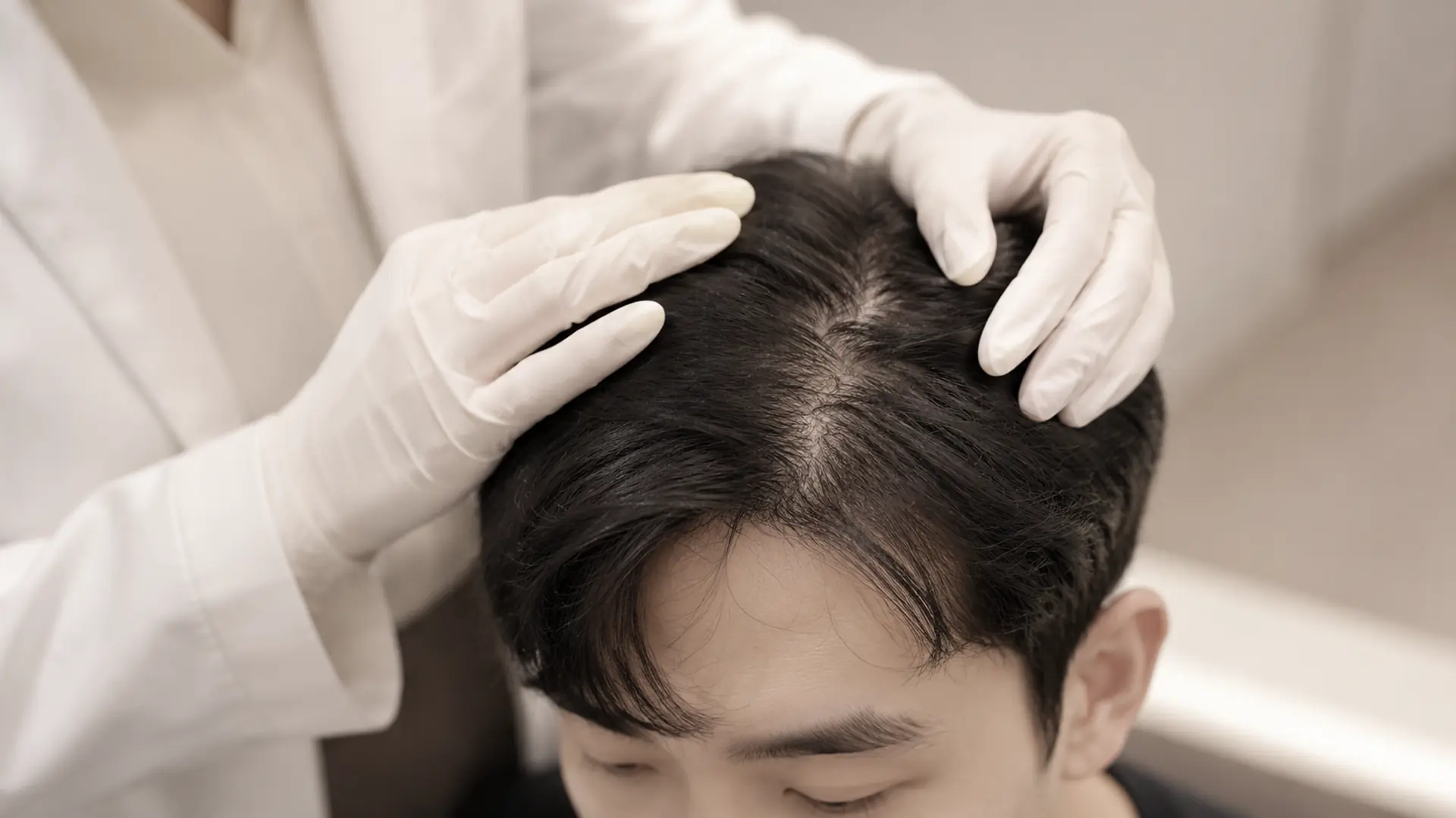 스트레스성 탈모 환자의 두피 상태를 의료진이 확인하며 관리 방향을 살피는 모습