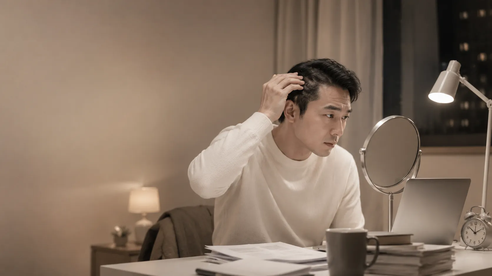 대구 비타민나무의원에서 스트레스와 생활습관 요인이 탈모에 영향을 줄 수 있음을 보여주는 이미지
