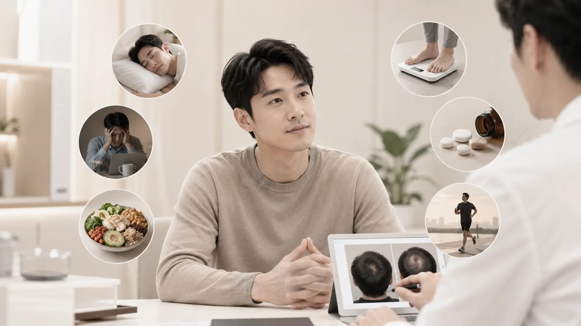남성 환자가 스트레스성 탈모와 관련된 수면, 식습관, 체중 변화, 운동 등 생활 요인을 상담하는 이미지