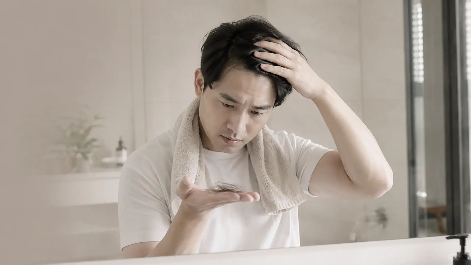 남성이 손바닥 위 빠진 머리카락을 확인하며 스트레스성 탈모 상태를 살피는 이미지