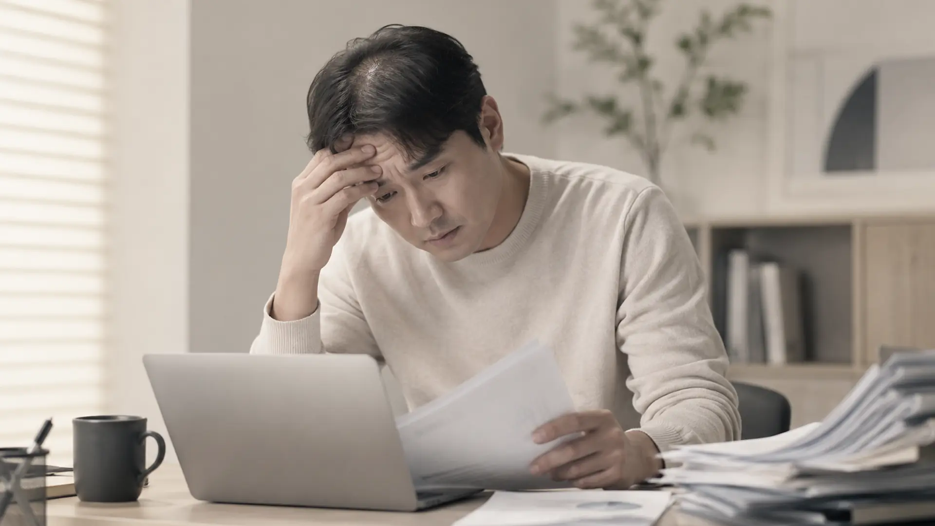 업무 스트레스와 생활 부담 속에서 스트레스성 탈모와 관련된 변화를 확인하는 남성 이미지