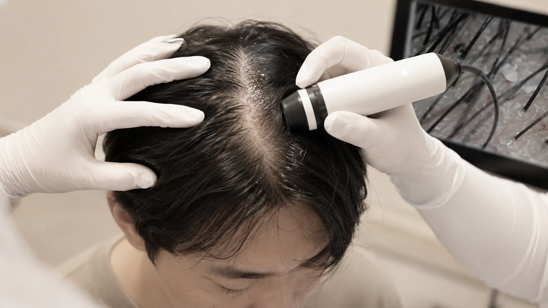 의료진이 두피 확대 장비로 남성의 두피 상태와 모발 밀도를 확인하는 이미지