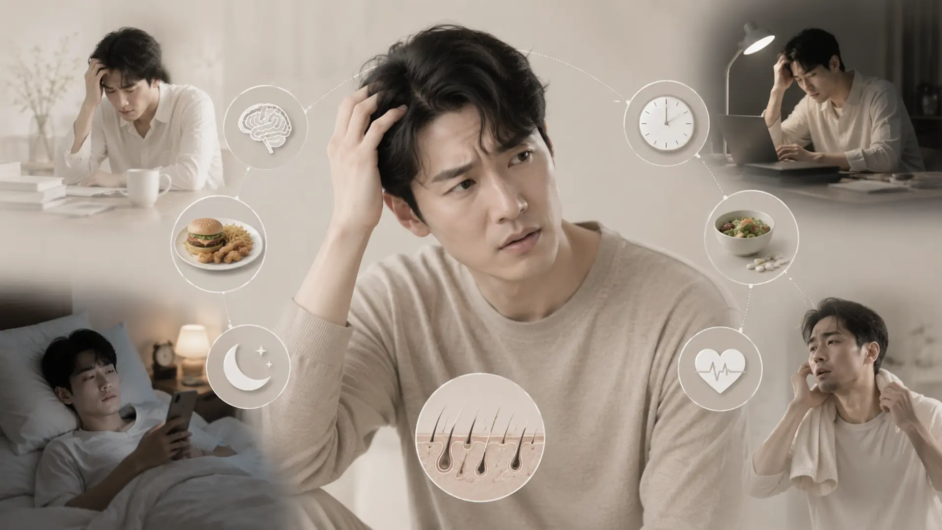 수면 부족, 식습관, 업무 강도 등 생활 리듬 변화가 스트레스성 탈모에 영향을 줄 수 있음을 표현한 이미지