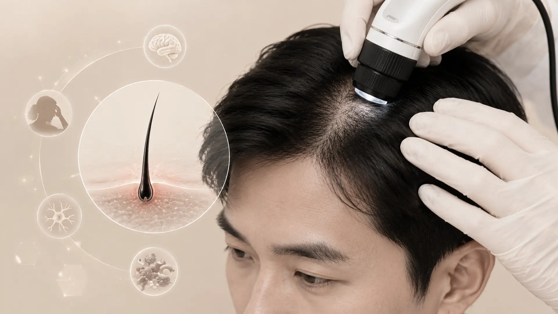 스트레스성 탈모와 관련된 두피 상태와 모발 밀도 변화를 확인하는 이미지