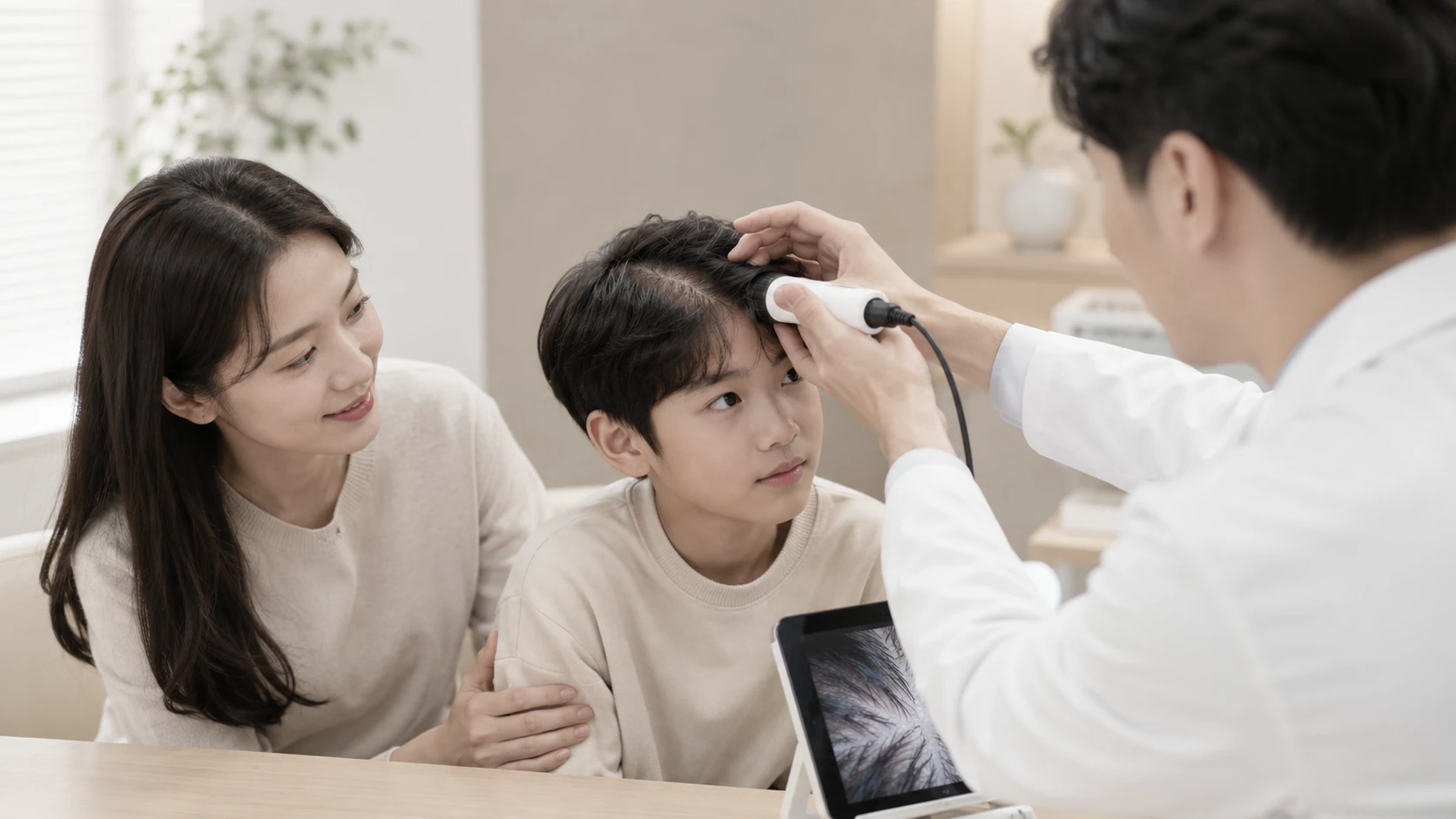 남성 의료진이 어린이의 두피와 모발 상태를 진단 장비로 확인하는 모습