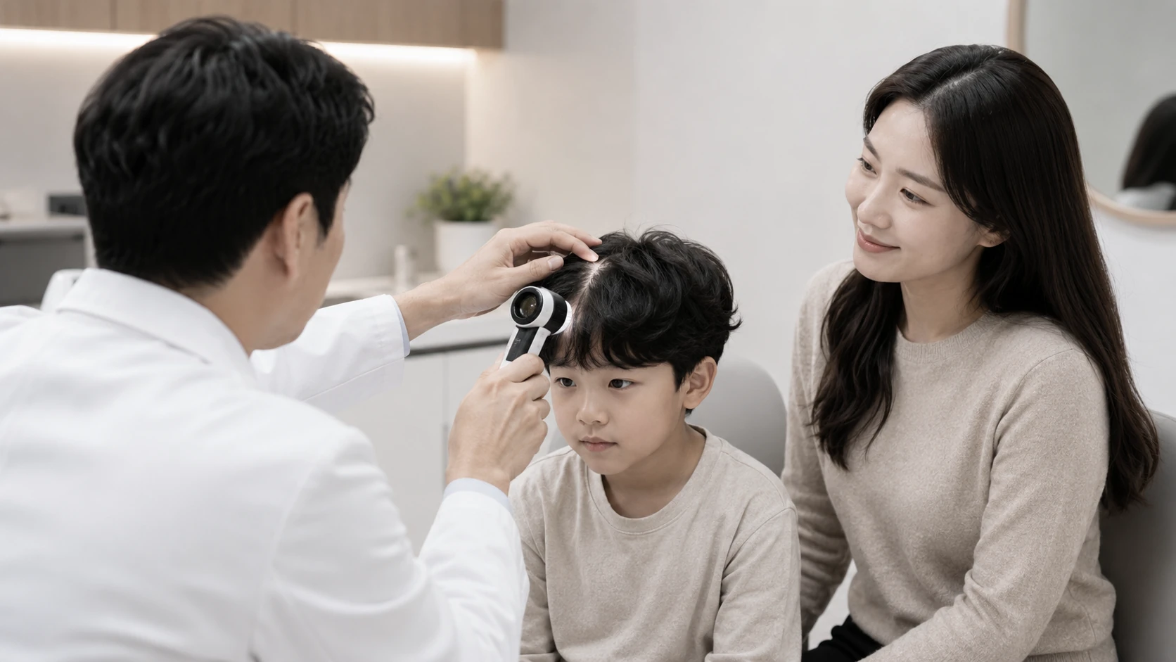 남성 의료진이 어린이의 두피를 진단 장비로 확인하며 보호자가 지켜보는 모습