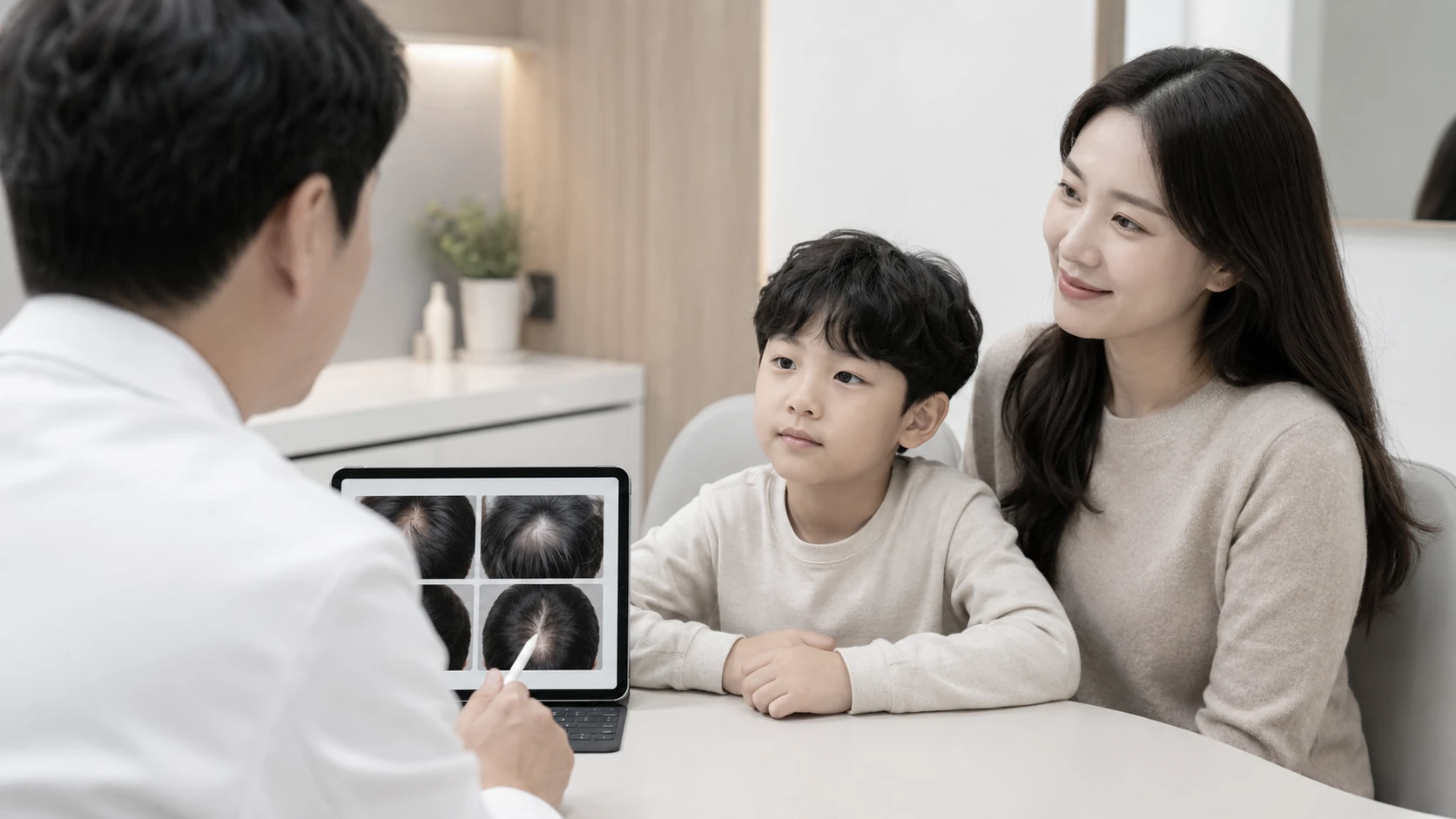 남성 의료진이 어린이와 보호자에게 두피 사진을 보여주며 진료 방향을 설명하는 모습