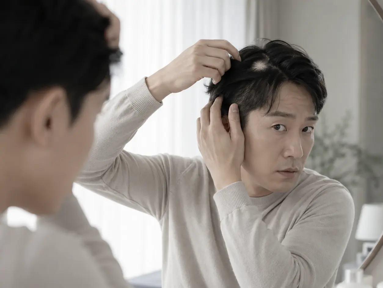대구원형탈모가 의심되어 동전 모양으로 비어 보이는 두피 부위를 확인하는 모습
