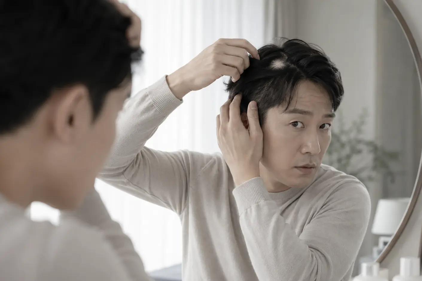 대구원형탈모가 의심되어 동전 모양으로 비어 보이는 두피 부위를 확인하는 모습