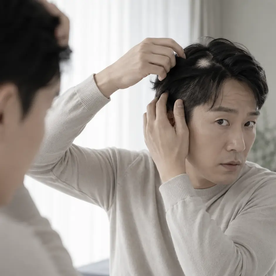 대구원형탈모가 의심되어 동전 모양으로 비어 보이는 두피 부위를 확인하는 모습
