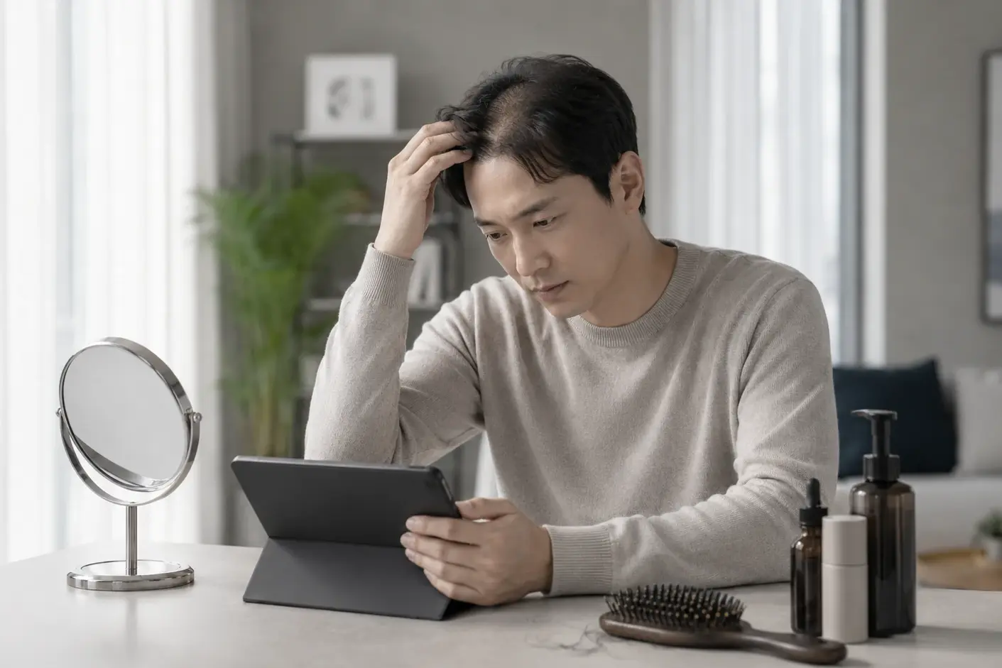 대구앞머리탈모가 걱정되어 헤어라인과 앞머리 모발을 확인하는 모습