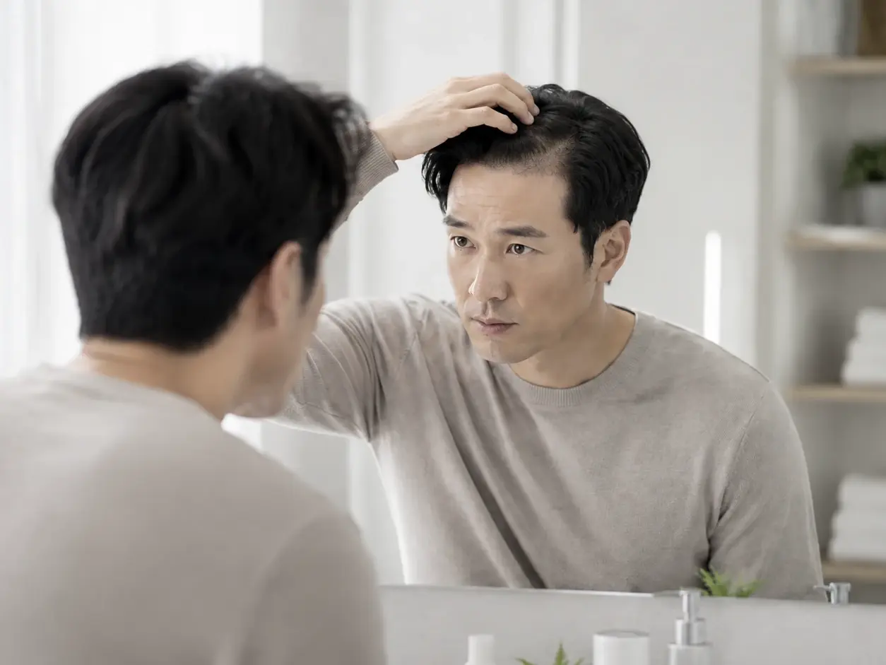 대구탈모병원 선택 전 헤어라인과 모발 상태를 확인하는 모습