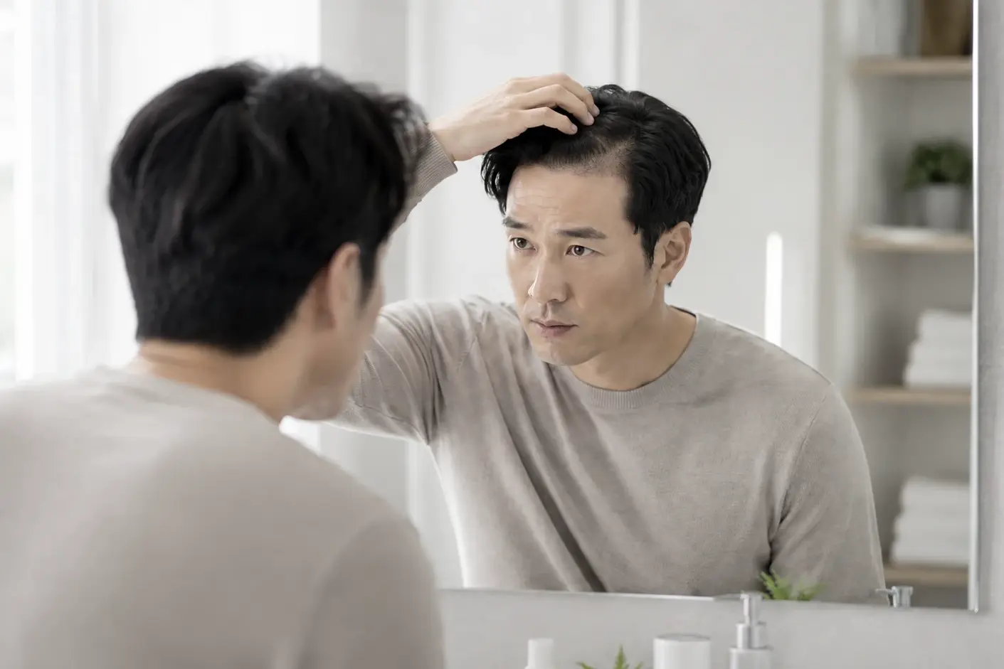 대구탈모병원 선택 전 헤어라인과 모발 상태를 확인하는 모습