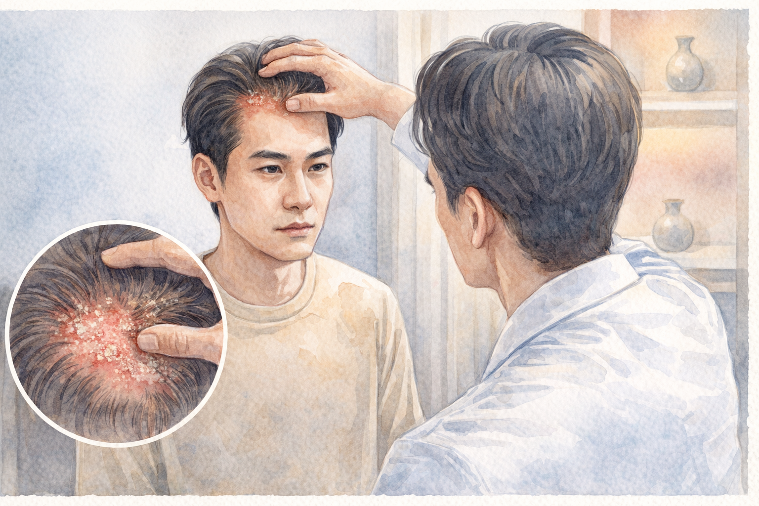 지루성두피염 증상을 확인하는 두피 진료 장면