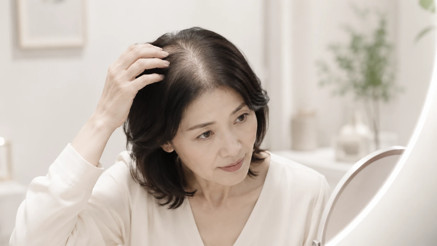 거울을 보며 가르마와 정수리 모발 변화를 확인하는 갱년기 여성