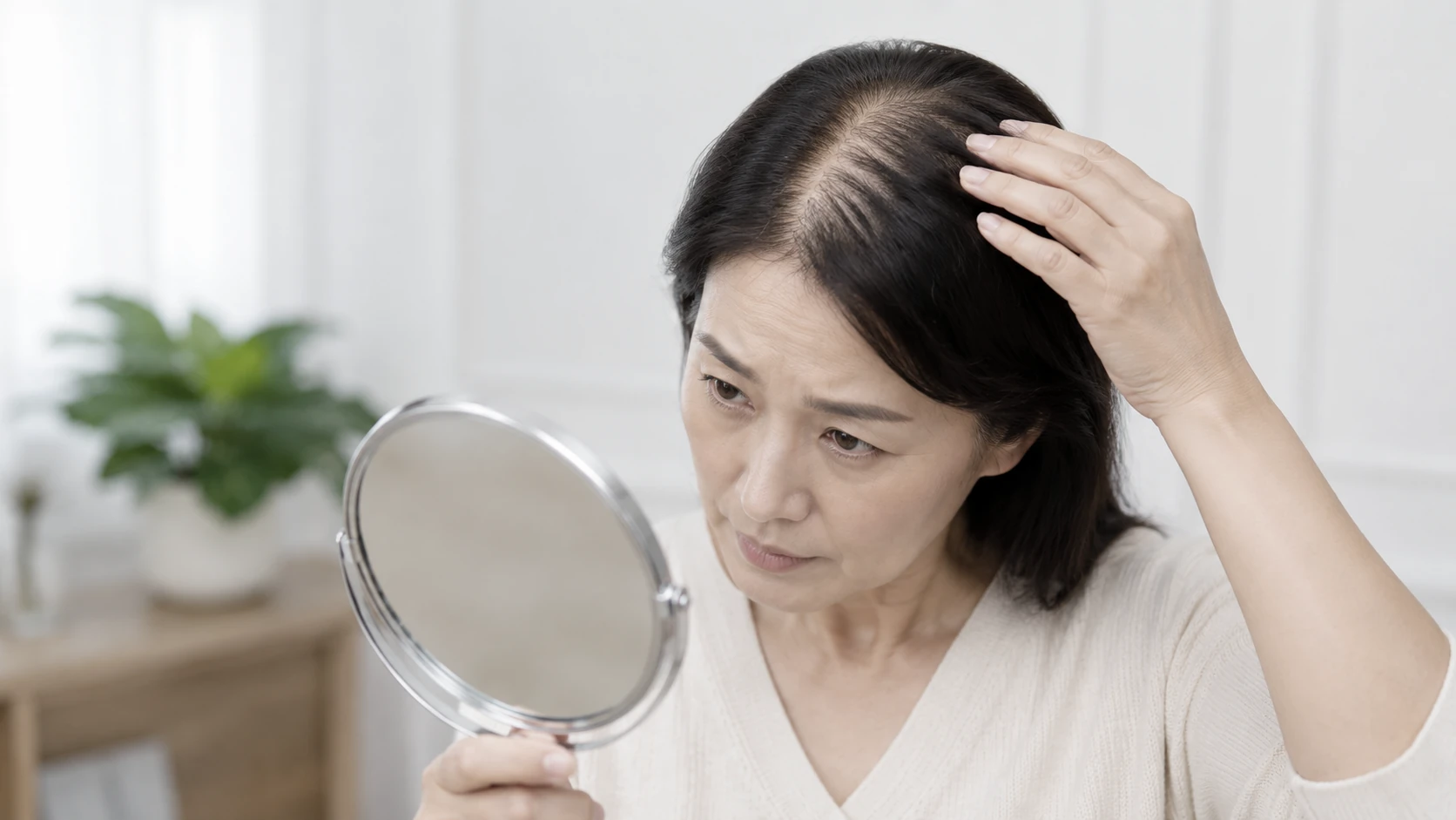 거울을 보며 가르마와 정수리의 모발 밀도 변화를 확인하는 갱년기 여성