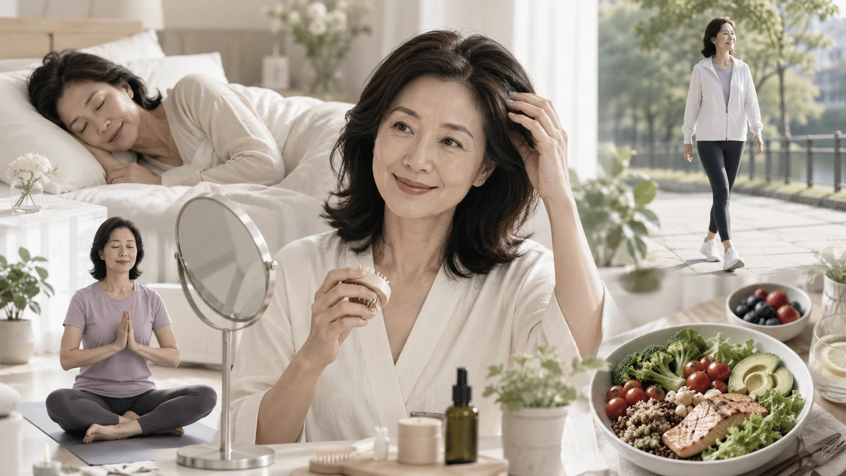 수면과 운동, 영양 균형 등 갱년기 여성의 건강한 생활습관을 표현한 이미지