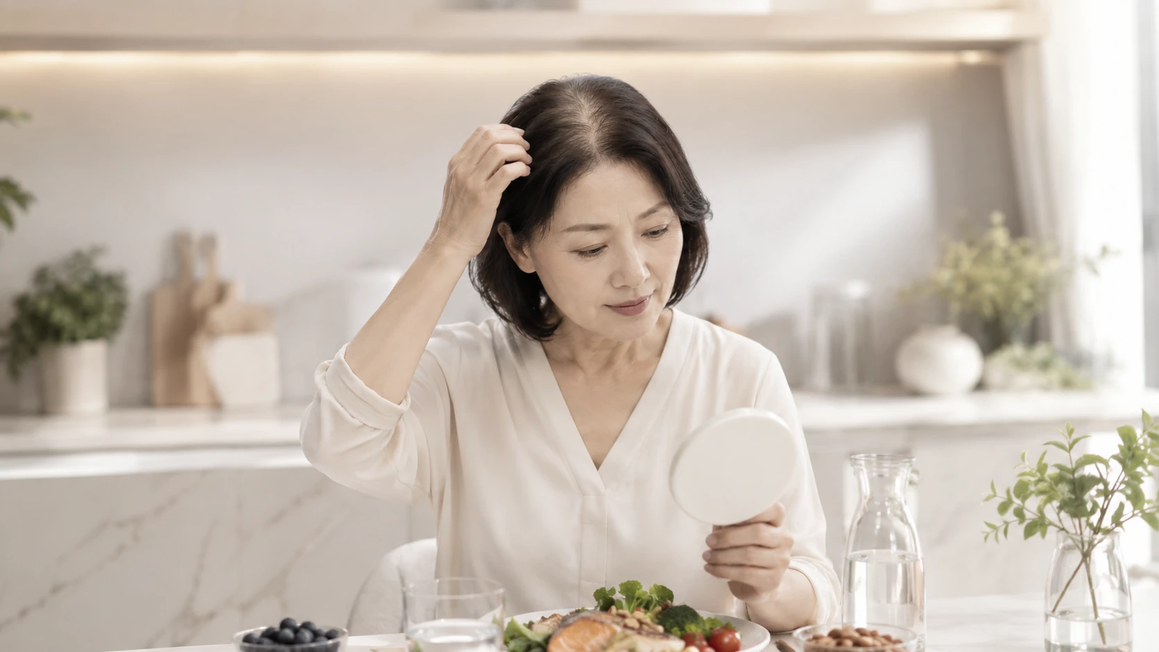 식사 중 거울로 가르마 모발 상태를 확인하는 갱년기 여성