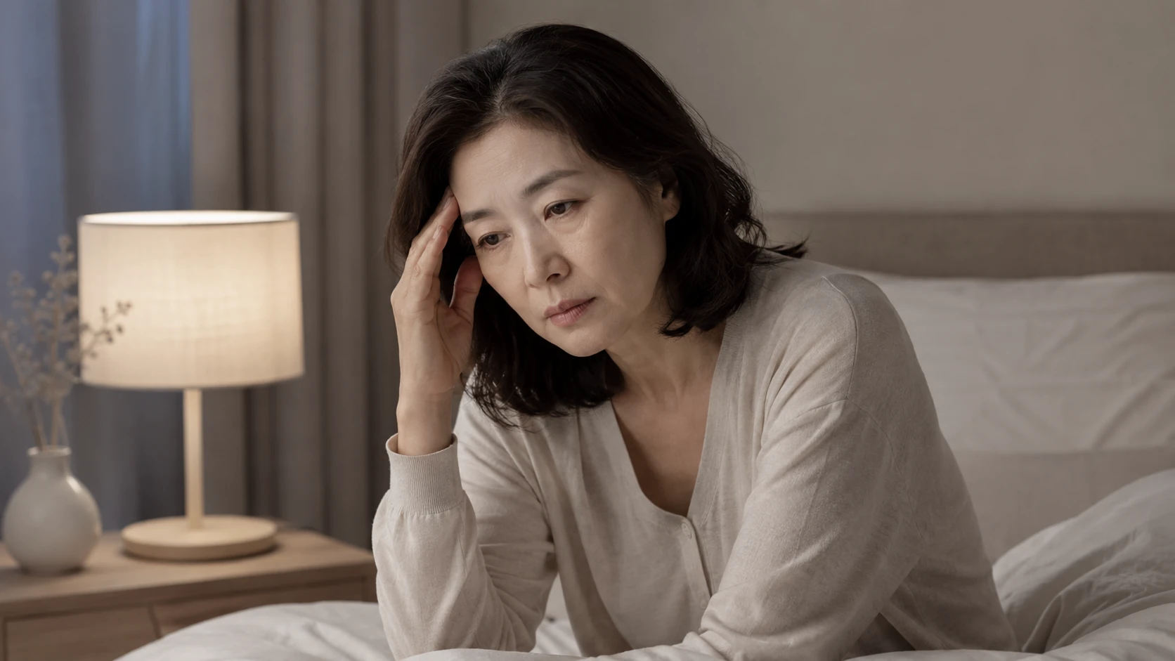 밤에 잠들지 못하고 피로와 스트레스를 느끼는 갱년기 여성