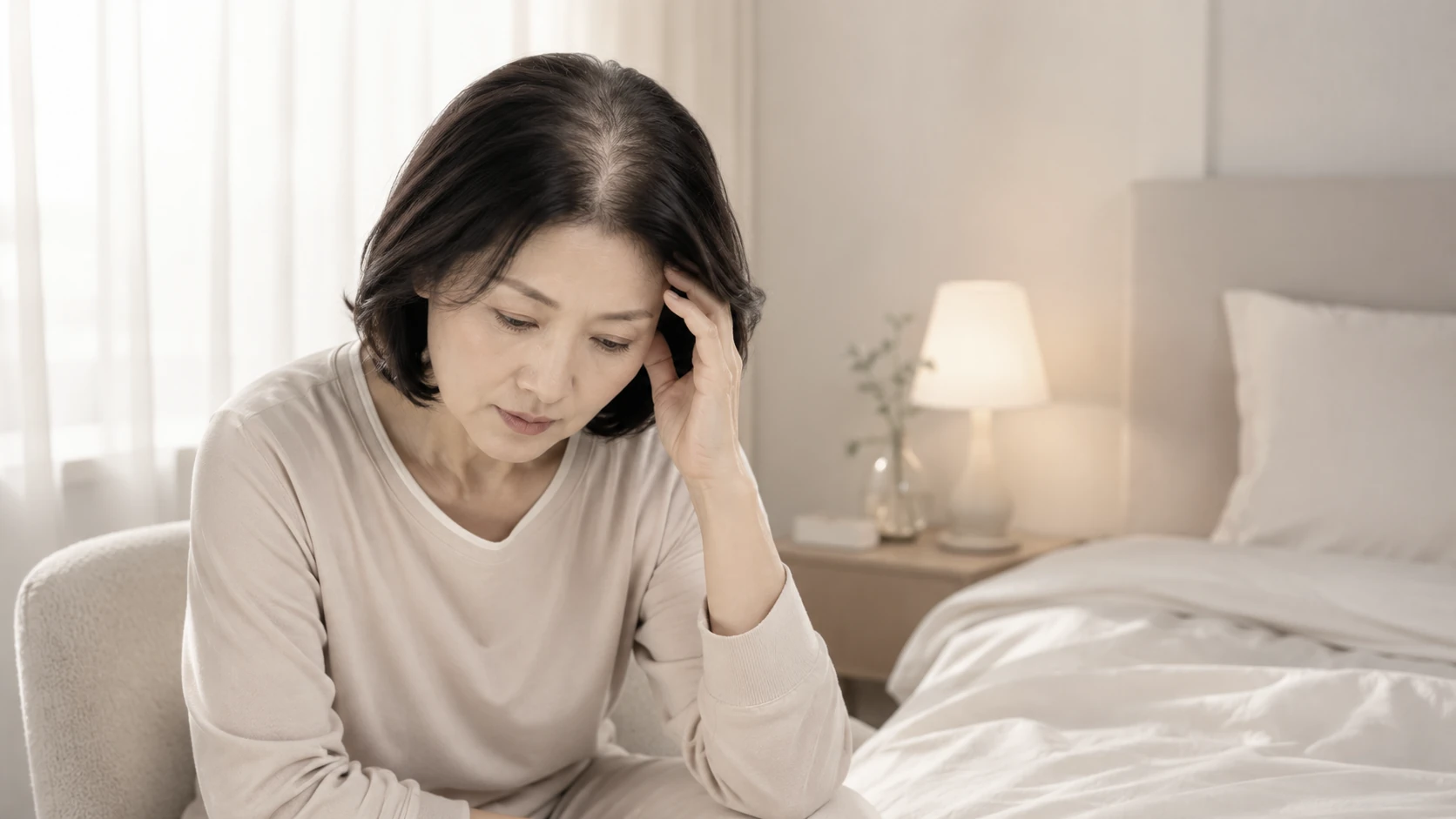 침실에서 스트레스와 피로를 느끼는 갱년기 여성의 모습