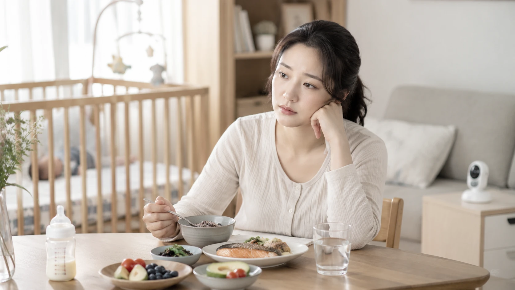 아기를 돌보며 식사와 영양 상태를 점검하는 산후 여성