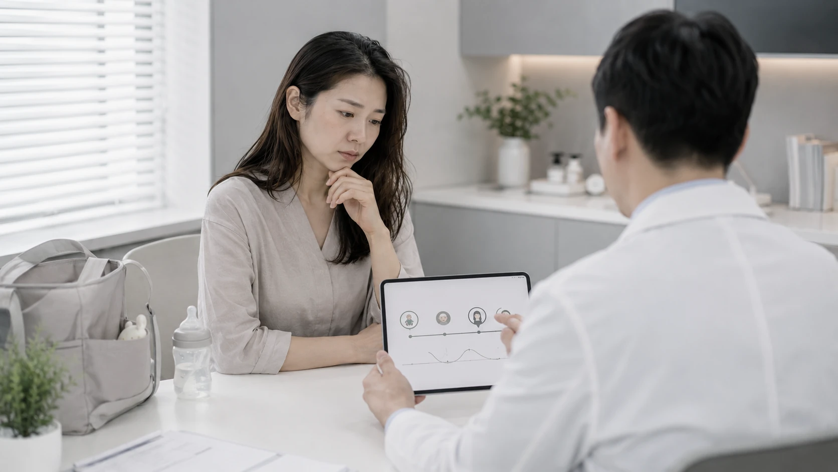 의료진과 출산 후 모발 빠짐이 시작된 시기와 변화를 상담하는 여성