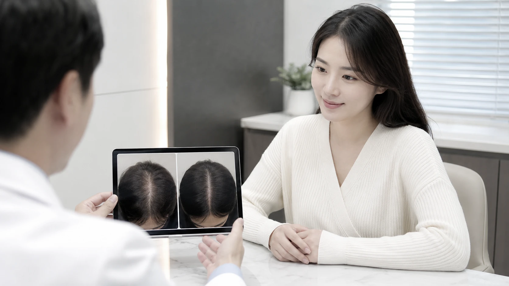 의료진과 산후 여성이 가르마 모발 밀도 변화 이미지를 비교하는 상담 모습