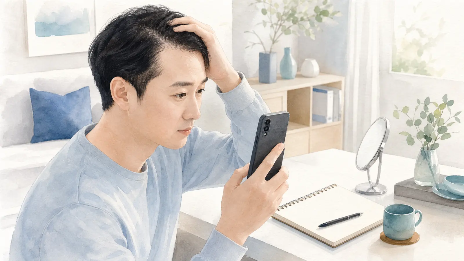 스마트폰으로 앞머리 헤어라인을 확인하며 빈 노트에 기록을 준비하는 한국인 성인의 수채화 일러스트
