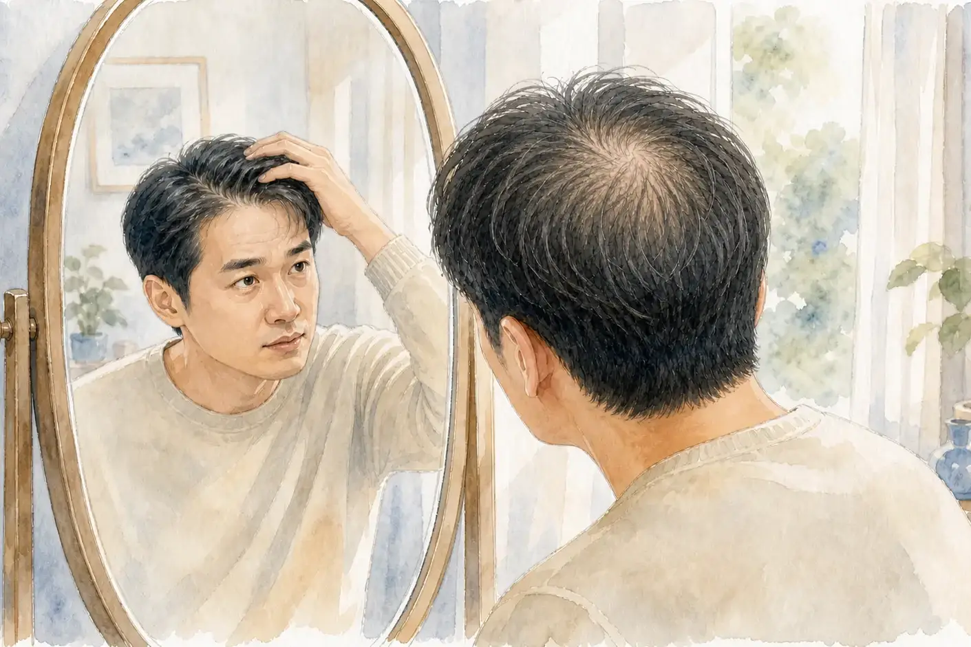 한국인 성인 남성이 거울 속 얼굴과 앞쪽 헤어라인을 보며 밀도가 감소한 정수리 모발을 확인하는 수채화 장면