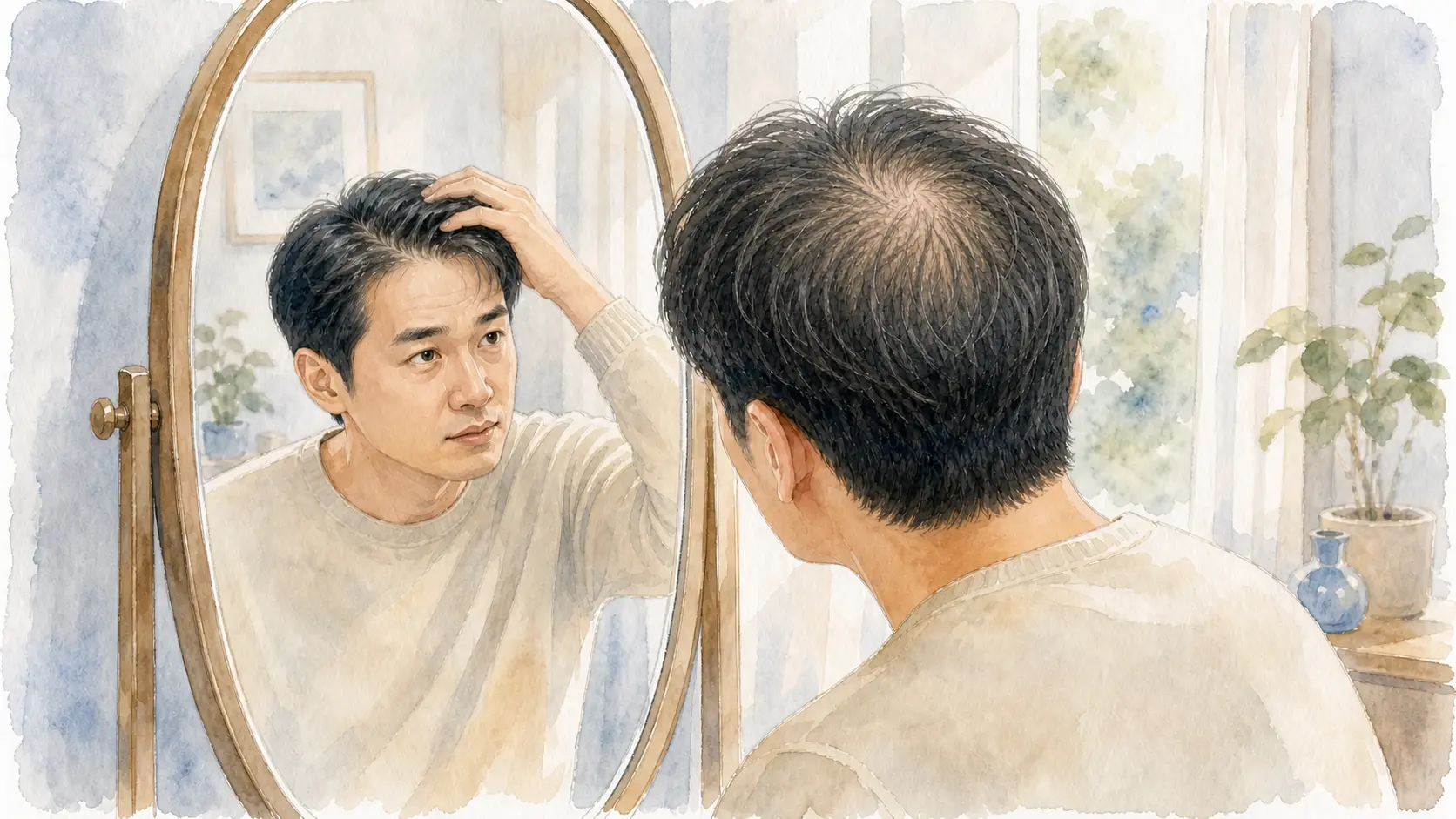 한국인 성인 남성이 거울 속 얼굴과 앞쪽 헤어라인을 보며 밀도가 감소한 정수리 모발을 확인하는 수채화 장면