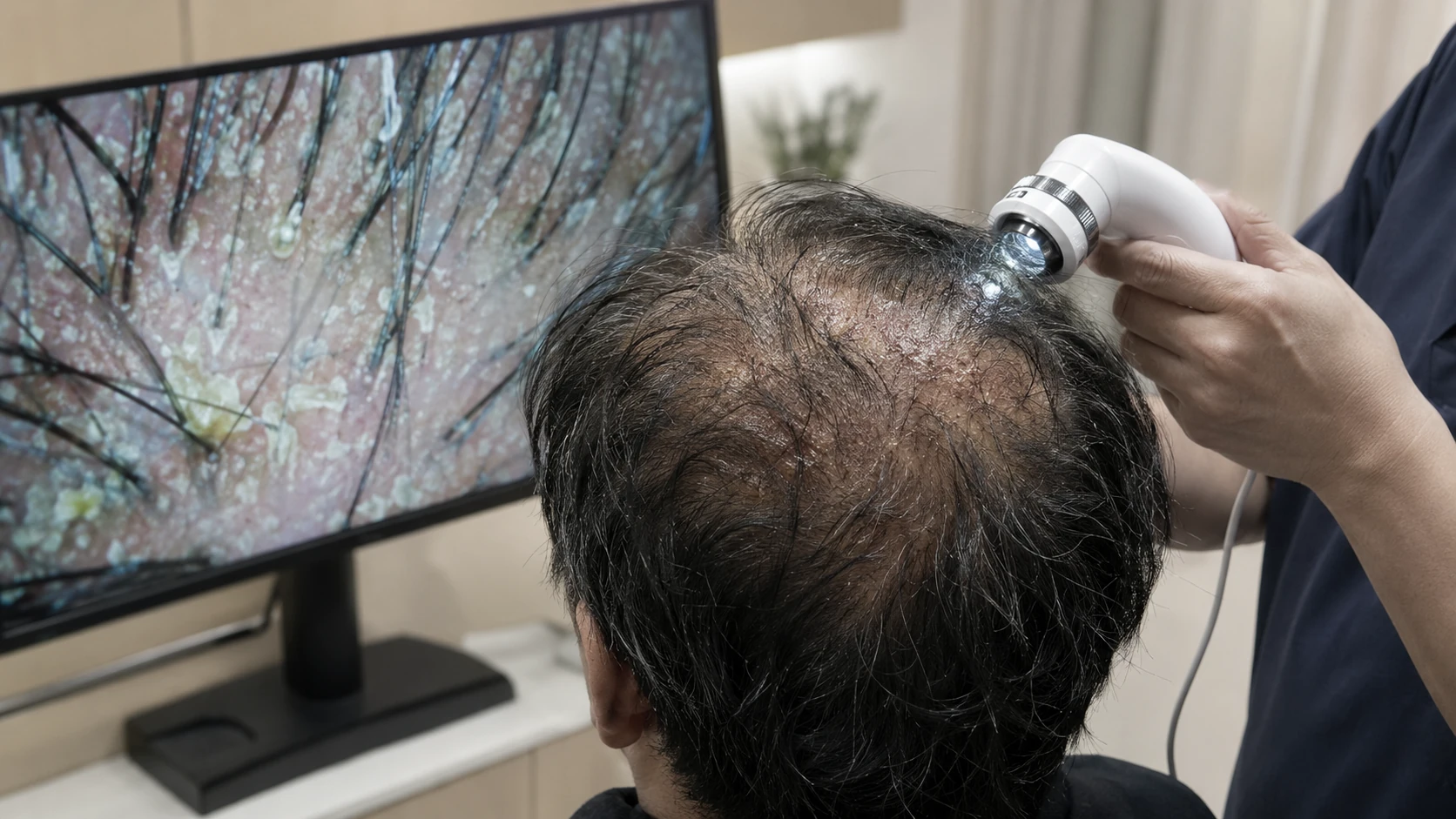 확대 진단 장비로 지루성두피염 환자의 두피 상태를 정밀 검사하는 모습